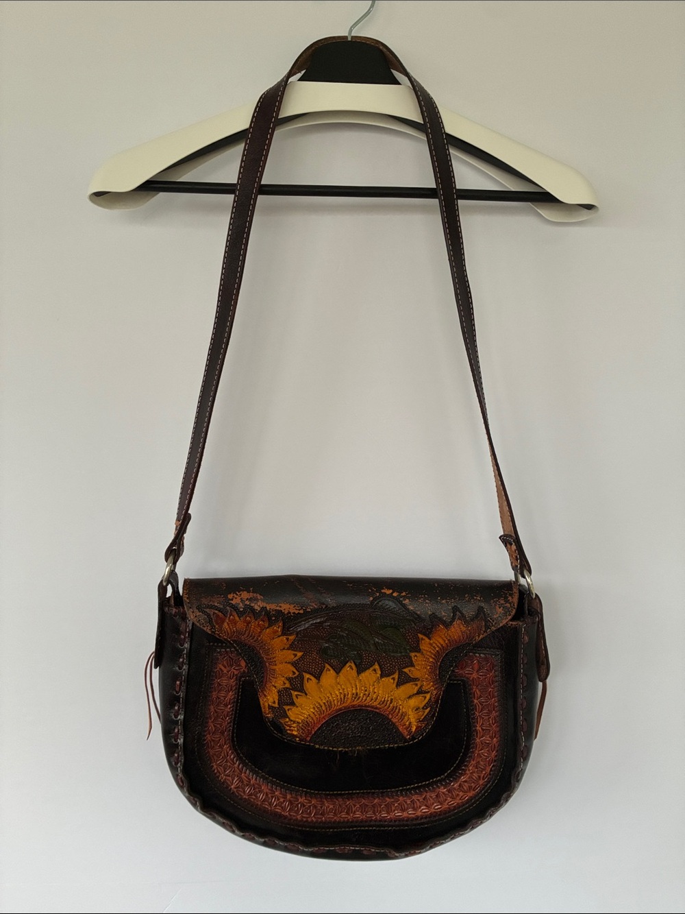 Handtooled Artisanal Leather Sunflower Crossbody Bag Purse Western Boho